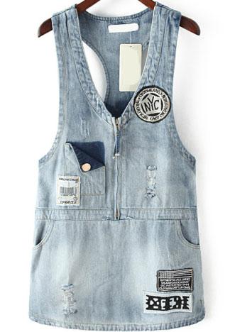 Romwe V Neck Ripped Embroidered Denim Blue Dress