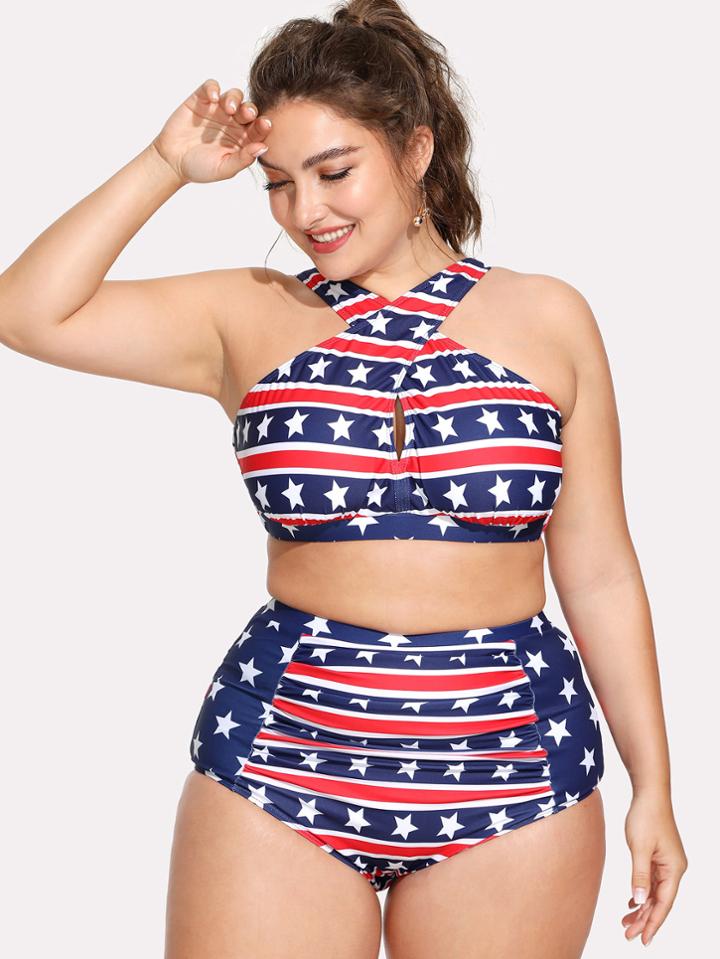 Romwe Crisscross Knot Back Ruched Detail Bikini Set