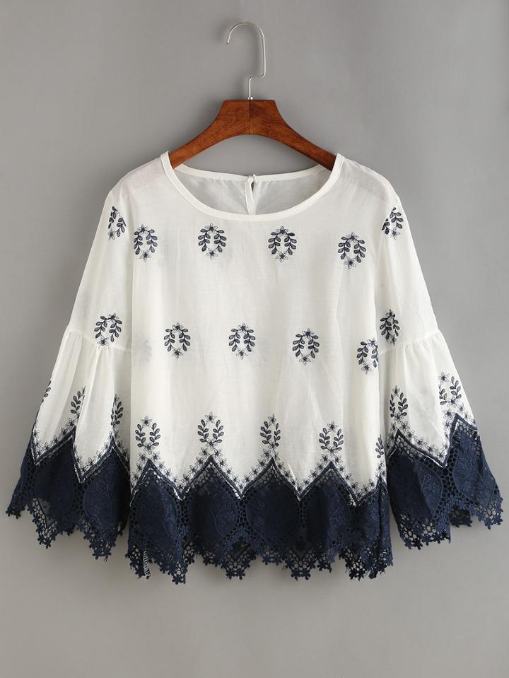 Romwe Contrast Embroidery Lace Trimmed Blouse