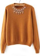 Romwe Rhinestone Knit Crop Khaki Sweater