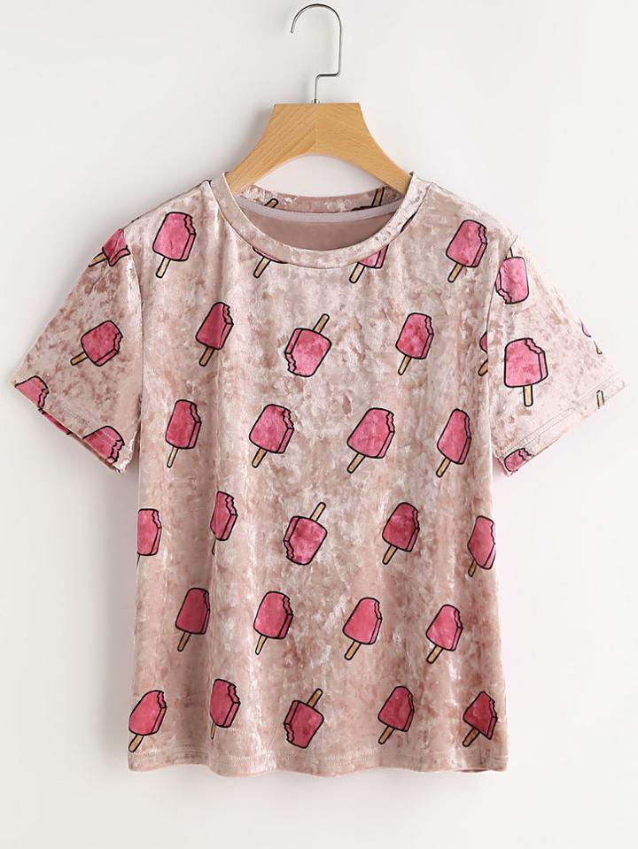 Romwe Allover Popsicle Print Velvet Tee