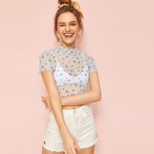 Romwe Mesh Cherry Print Sheer Crop Tee