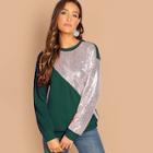 Romwe Contrast Sequin Color-block Pullover