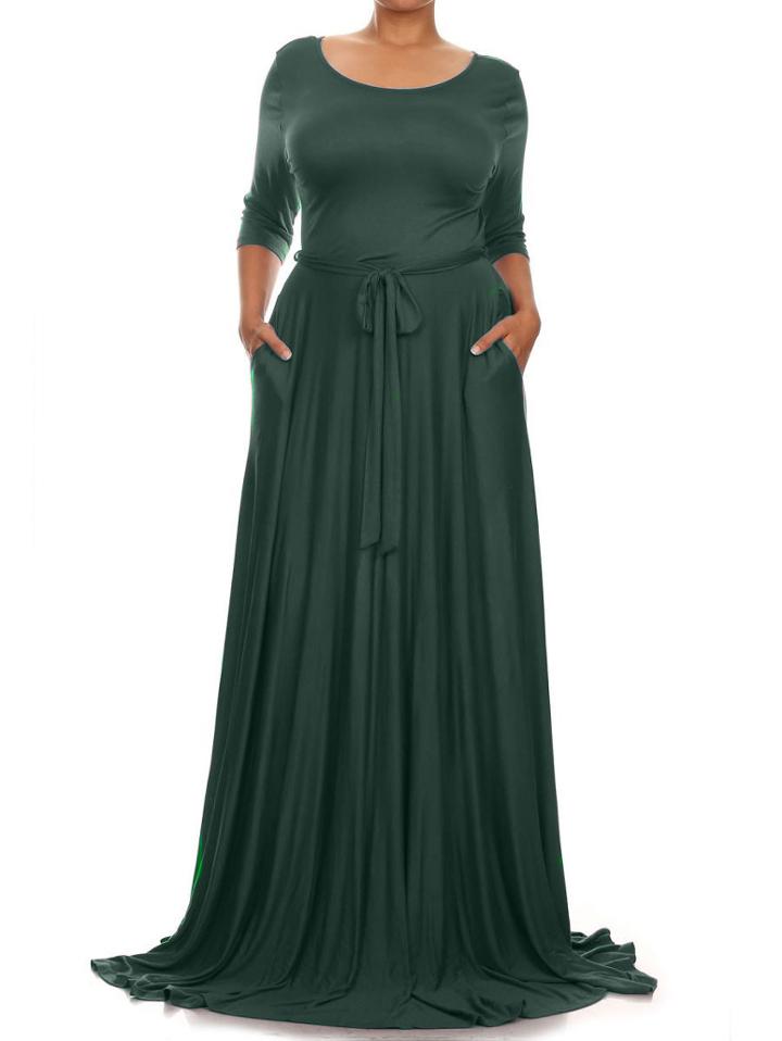 Romwe Round Neck Belt Maxi Green Dress
