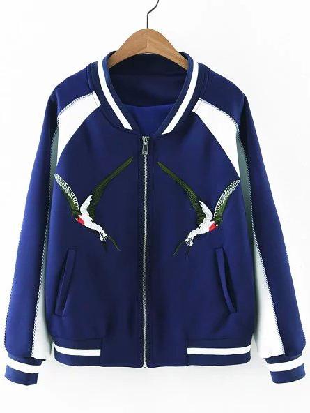 Romwe Blue Zipper Front Pockets Birds Embroidery Jacket