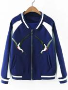 Romwe Blue Zipper Front Pockets Birds Embroidery Jacket