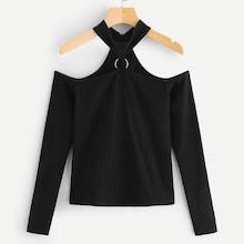 Romwe Choker Neck Open-shoulder Ribbed Tee