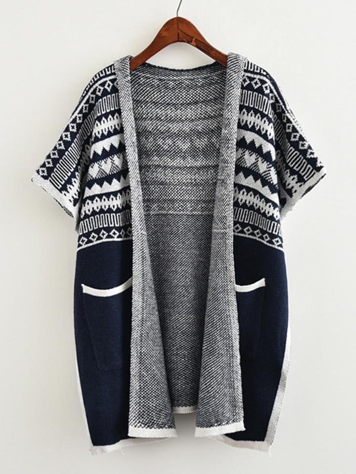 Romwe Contrast Trim Aztec Pattern Hooded Knit Coat
