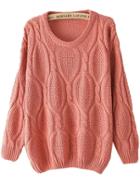 Romwe Pink Round Neck Cable Knit Sweater