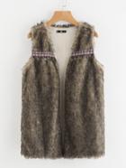 Romwe Coin Fringe And Embroidery Tape Detail Faux Fur Vest