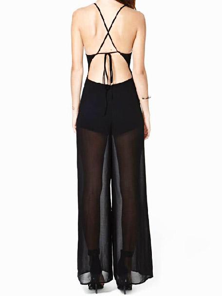 Romwe Halter Backless Wide Leg Chiffon Jumpsuit
