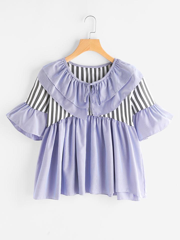 Romwe Contrast Yoke Tie Neck Striped Frill Blouse