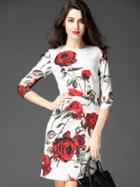 Romwe White Round Neck Half Sleeve Rose Print Dress