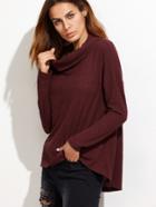 Romwe Burgundy Waffle Knit Cowl Neck Drop Shoulder T-shirt