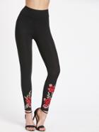 Romwe Embroidered Flower Applique Wide Waistband Leggings