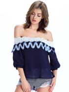 Romwe Navy Crochet Trim Off The Shoulder Top