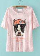 Romwe Dog Print Striped Pink T-shirt