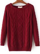 Romwe Burgundy Cable Knit Raglan Sleeve Sweater