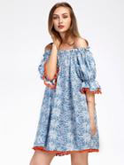 Romwe Bardot Floral Print Pom Pom Trim Dress