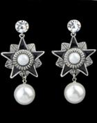 Romwe White Pearl Silver Star Dangle Earrings