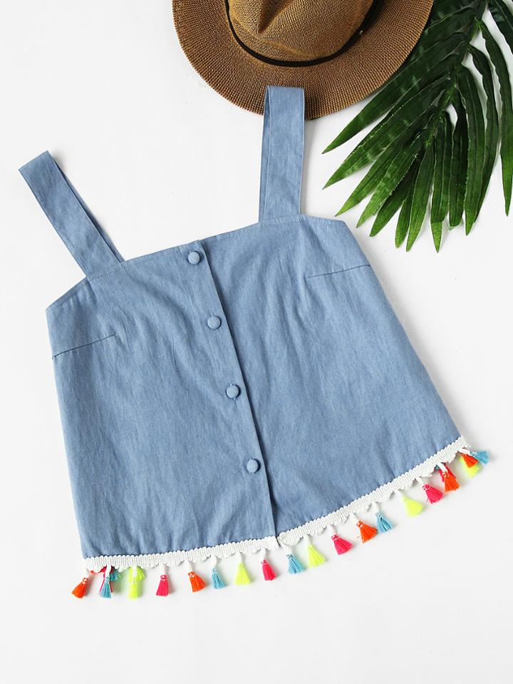 Romwe Colorful Tassel Trim Chambray Pinafore Top