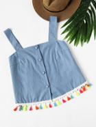 Romwe Colorful Tassel Trim Chambray Pinafore Top