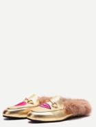 Romwe Gold Embroidered Fur Trim Pu Loafer Slippers