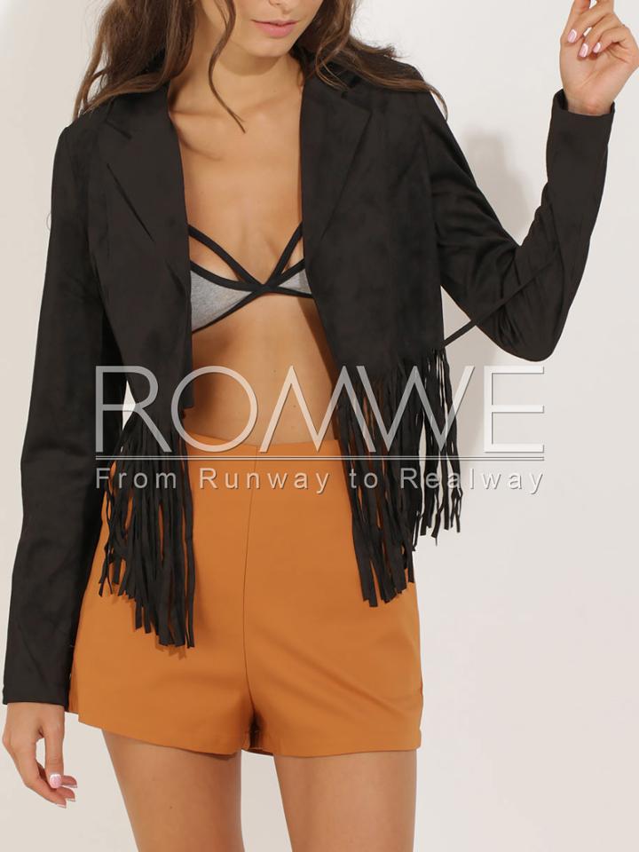 Romwe Black Long Sleeve Tassel Jacket