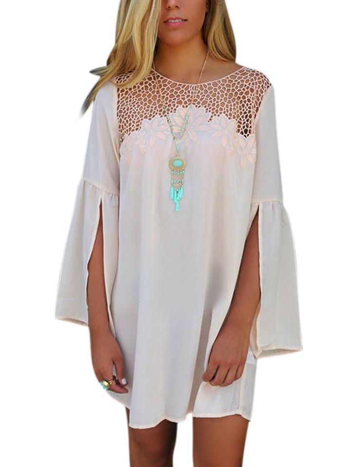 Romwe Bell Sleeve Embroidered Slim Shift Dress