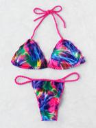 Romwe Mixed Print Braided Strap Triangle Bikini Set