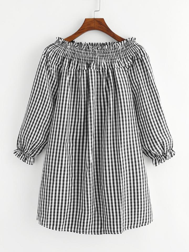 Romwe Off Shoulder Fluted Sleeve Checked Dress