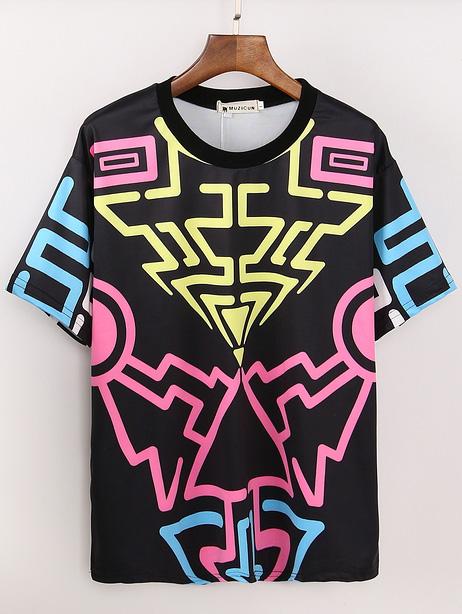 Romwe Geo Print Black T-shirt
