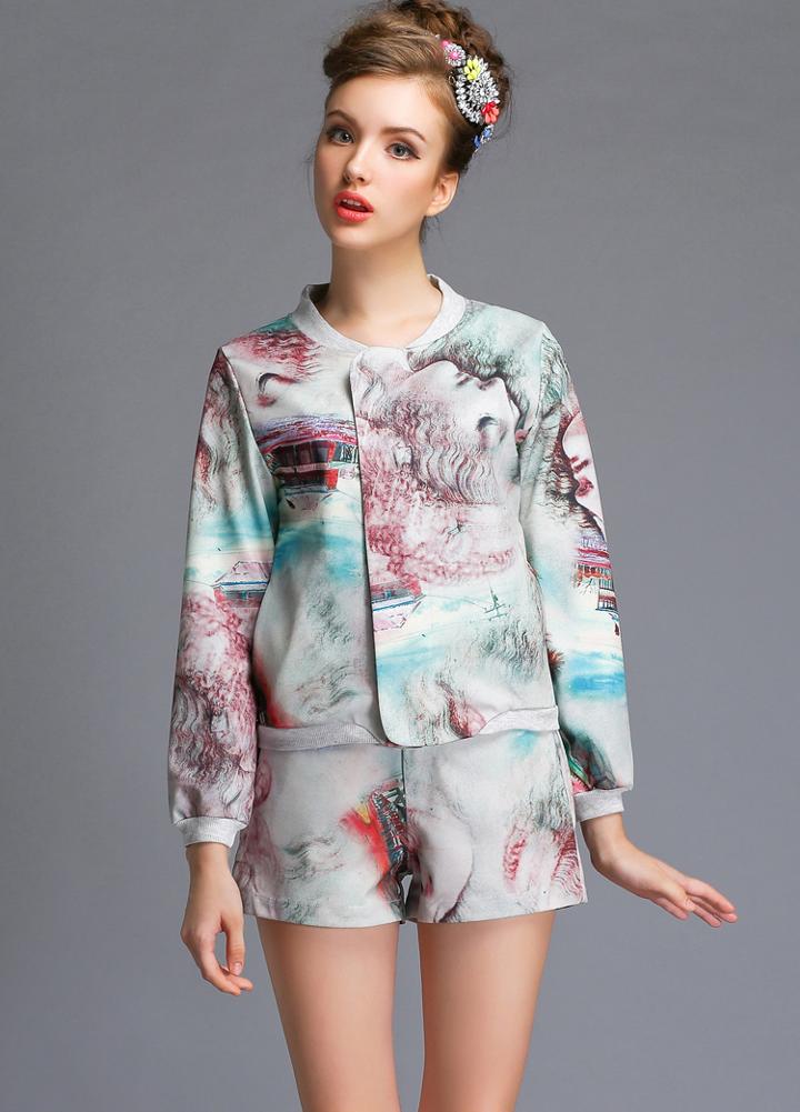 Romwe Blue Long Sleeve Floral Crop Top With Shorts