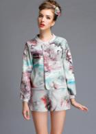 Romwe Blue Long Sleeve Floral Crop Top With Shorts
