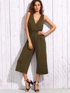 Romwe Army Green Deep V Neck Strappy Back Wide Leg Jumpsuit
