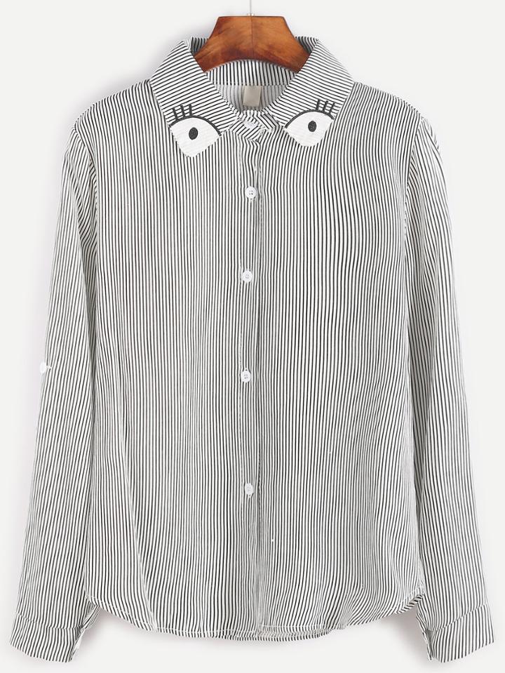 Romwe Vertical Striped Embroidered Collar Button Shirt