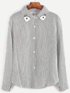 Romwe Vertical Striped Embroidered Collar Button Shirt