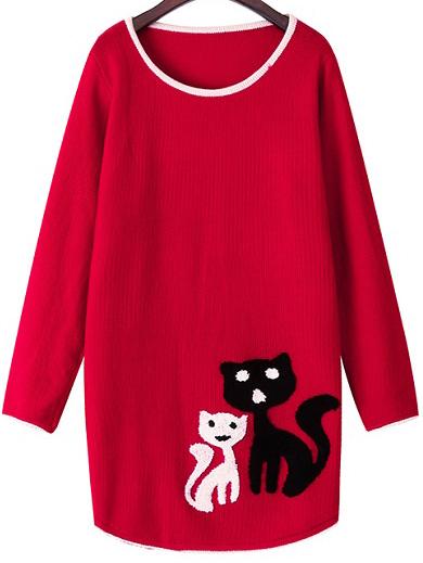 Romwe Cat Pattern Red Sweater