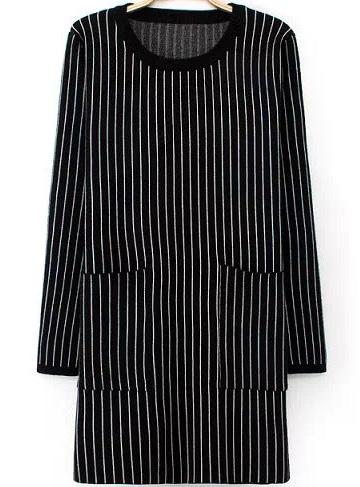 Romwe Vertical Stripe Pockets Black Dress