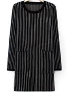 Romwe Vertical Stripe Pockets Black Dress