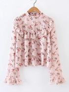 Romwe Bell Sleeve Ruffle Trim Floral Blouse