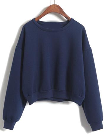 Romwe Round Neck Crop Loose Navy Sweatshirt