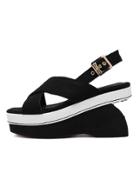 Romwe Black Thick Crisscross Strap Wedge Sandals