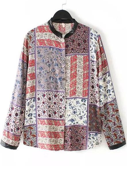 Romwe Contrast Collar Vintage Print Blouse