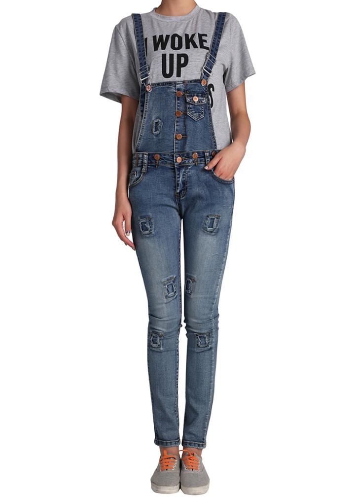 Romwe Spaghetti Strap Single-breasted Patch Denim Jumpsuit