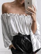 Romwe White Vertical Striped Bell Sleeve Off The Shoulder Top