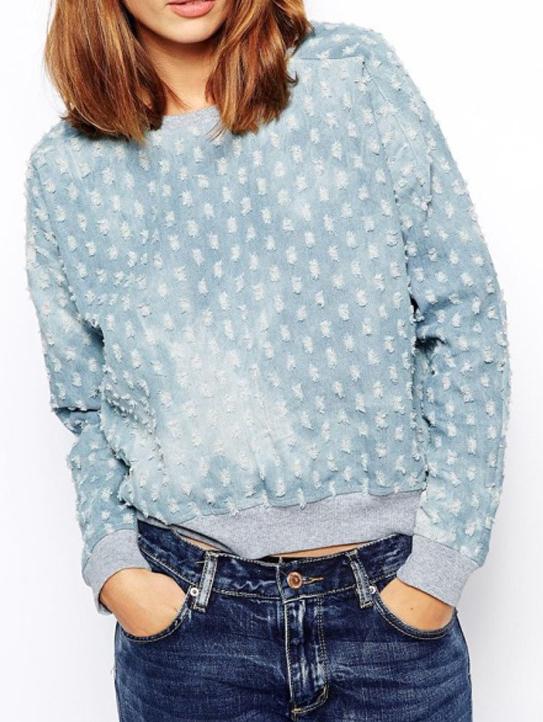 Romwe Round Neck Ripped Denim Loose Sweatshirt