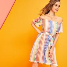 Romwe Rainbow Striped Pompom Trim Belted Dress