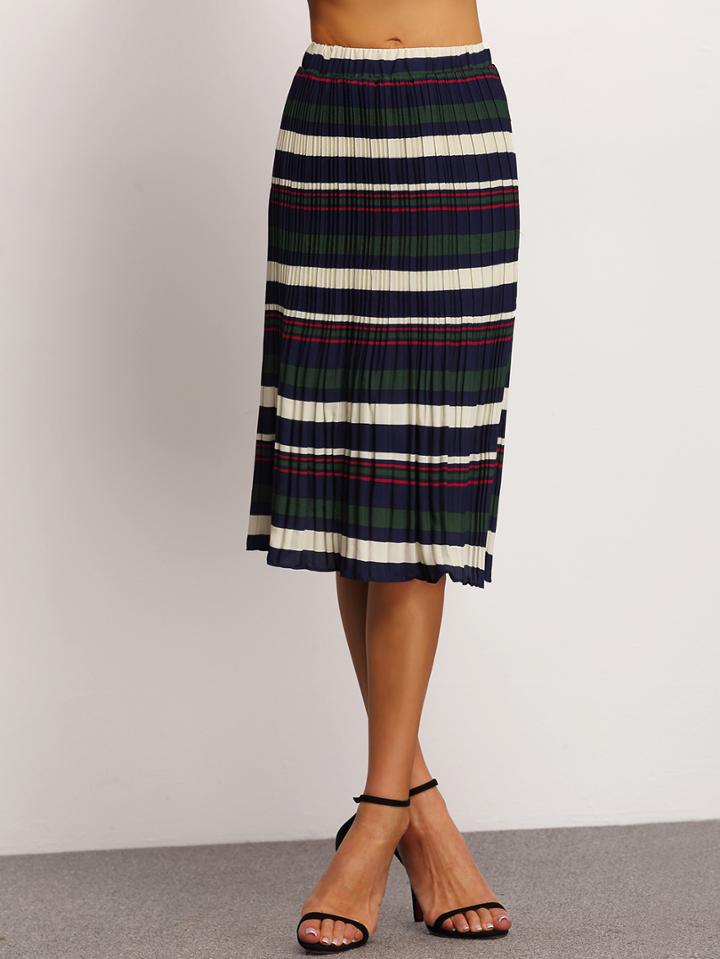 Romwe Elastic Waist Striped Pleated Green Skirt