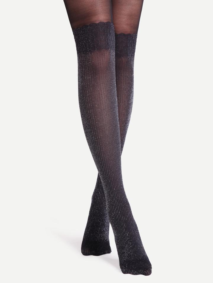 Romwe Black Patchwork Lurex Glitter Pantyhose Stockings